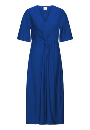 Vestido midi azul con escote en V, mangas cortas y detalle de nudo en la parte delantera que crea un ligero fruncido debajo del busto.