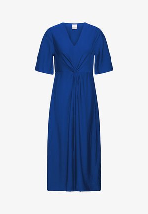 Rochie midi albastră cu decolteu în formă de V, mâneci scurte și detaliu cu nod în față, creând o adunare subtilă sub bust.