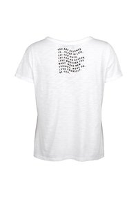 White cotton t-shirt featuring a relaxed fit and scoop neckline, with black text on the back, displaying affirmations in various sizes.