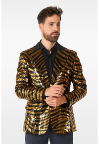 Schwarze und goldene Pailletten-Blazer mit Zebramuster, ausgestattet mit einem schwarzen Satin-Revers. Das taillierte Design umfasst einen Ein-Knopf-Verschluss.