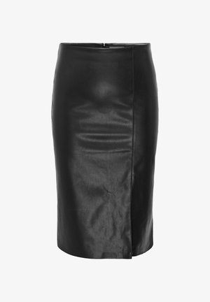 Gonna a matita in pelle nera con una texture liscia, vita alta e uno spacco laterale. Chiusura con una discreta zip sul retro.