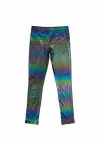 Skinnende, multikolore leggings med en gradient af grønne, blå og lilla nuancer; lavet af strækbart materiale; elastisk talje.