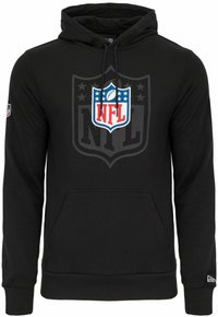 Schwarzer Kapuzenpullover aus Baumwollmischung mit einer Fronttasche, ausgestattet mit einem großen NFL-Logo in Rot und Blau auf dem schwarzen Stoff.