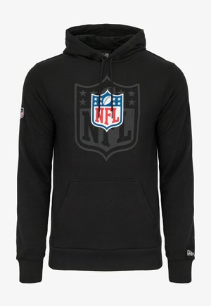 Felpa nera con cappuccio realizzata in misto cotone, dotata di una tasca frontale e un grande logo NFL in rosso e blu su fondo nero.