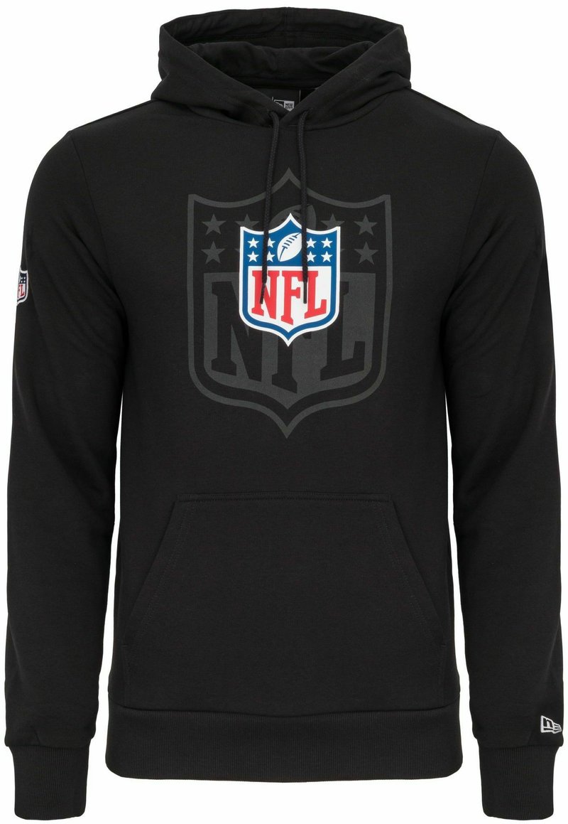 Schwarzer Kapuzenpullover aus Baumwollmischung mit einer Fronttasche, ausgestattet mit einem großen NFL-Logo in Rot und Blau auf dem schwarzen Stoff.