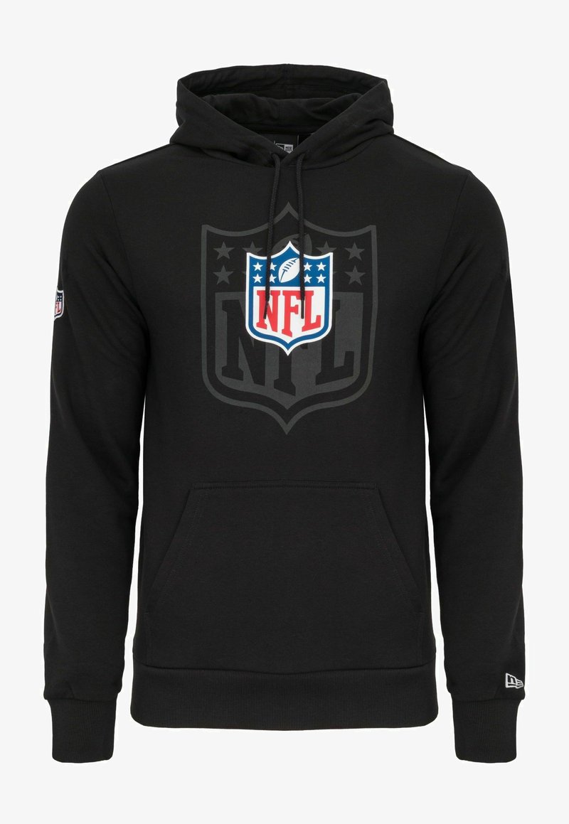 Schwarzer Kapuzenpullover aus Baumwollmischung mit einer Fronttasche, ausgestattet mit einem großen NFL-Logo in Rot und Blau auf dem schwarzen Stoff.