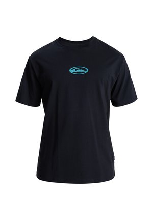 Sort bomulds T-shirt med rund halsudskæring, der har et turkise bjerglogo på brystet og korte ærmer. Klassisk pasform.