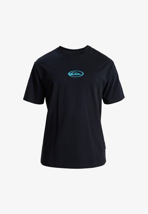 Zwarte katoenen t-shirt met een ronde halslijn, voorzien van een turkooise berglogo op de borst en korte mouwen. Klassieke pasvorm.