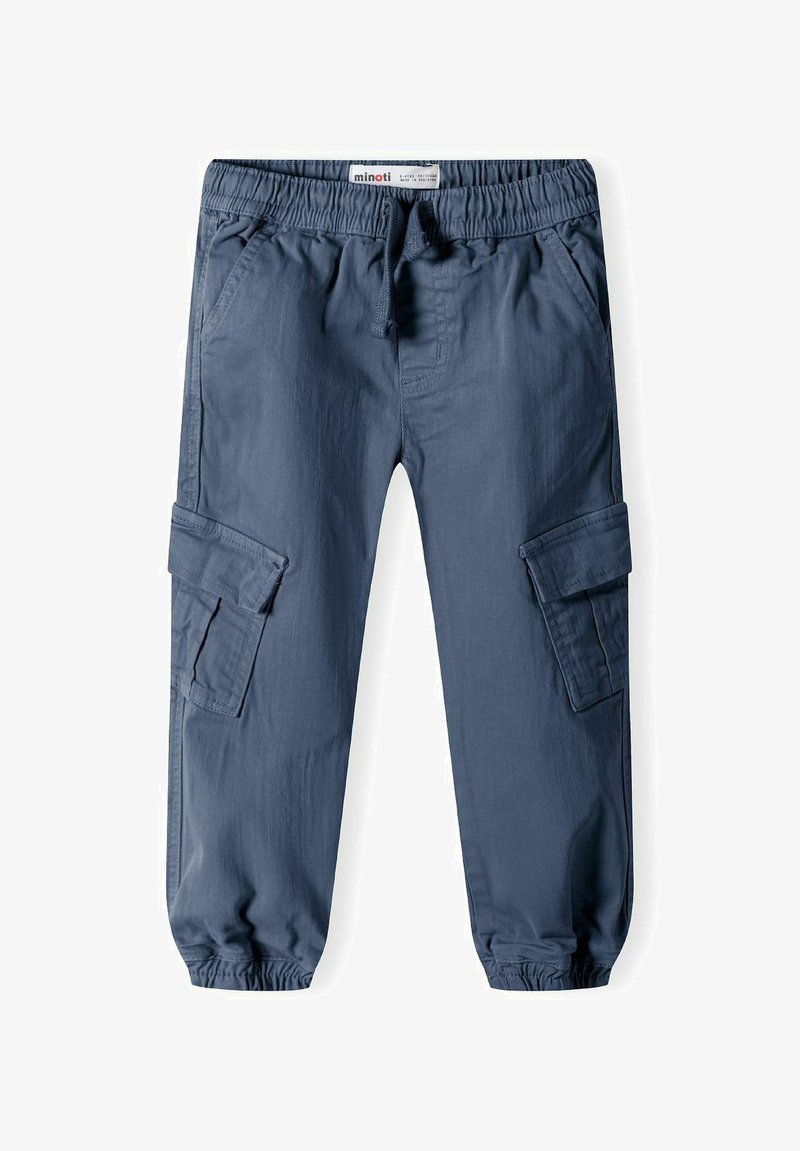 Námořnické modré cargo kalhoty s elastickým pasem, šňůrkou na stažení a bočními kapsami s klopami. Vyrobeny z lehkého materiálu s hladkou texturou.