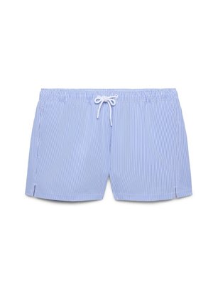 Pantaloncini da bagno a righe verticali blu chiaro e bianche con vita elasticizzata e coulisse bianca frontale.