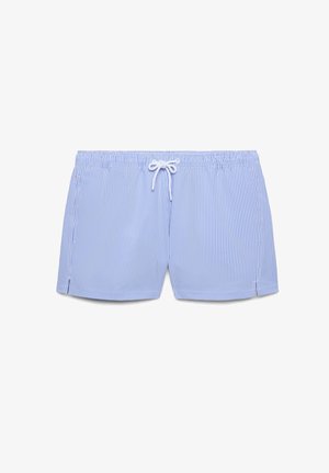 Pantaloncini da bagno a righe verticali blu chiaro e bianche con vita elasticizzata e coulisse bianca frontale.