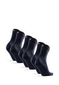 Juego de cinco pares de calcetines azul marino oscuro, hechos de tela suave, que cuentan con puños acanalados y pequeños acentos de logo en cada par.
