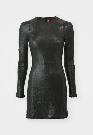 Black sequined dress with long sleeves, round neckline, bodycon fit, and a back zipper. Features a smooth texture and a glossy finish.