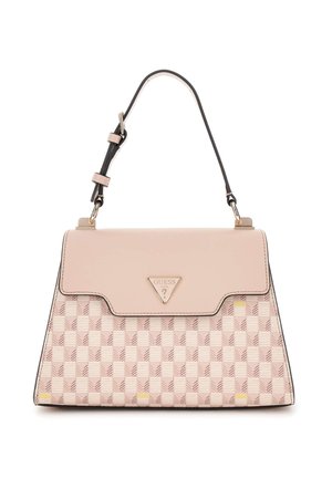 Borsa a tracolla rosa con texture e motivo geometrico, pattina in pelle crema, accenti dorati, tracolla regolabile e logo triangolare sul davanti.