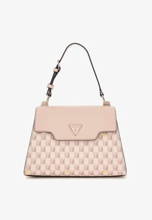 Rosa strukturiert Tasche mit geometrischem Muster, cremefarbener Lederklappe, goldenen Akzenten, verstellbarem Tragegurt und dreieckigem Markenlogo auf der Vorderseite.