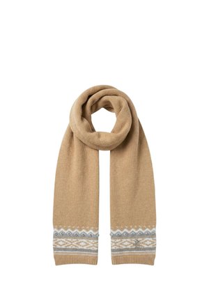Sciarpa beige lavorata a maglia con motivi geometrici grigi e bianchi e piccole perline decorative lungo le estremità.