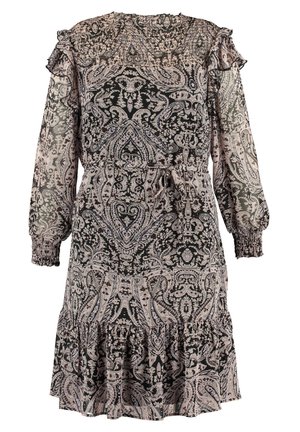 Langærmet kjole med paisley-mønster, smocket halsudskæring og manchetter, flæsedetaljer på skuldre og kant, bundet taljebælte i sort og beige.