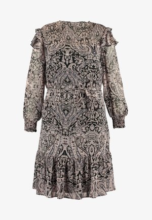 Lange mouwen jurk met paisley-patroon, geplooide halslijn en manchetten, ruches aan schouders en zoom, ceintuur in zwart en beige.