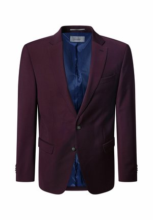 Donkerpaarse, op maat gemaakte herenblazer met ingesneden revers, twee knopen, klepzakken en een gladde donkerblauwe binnenvoering.