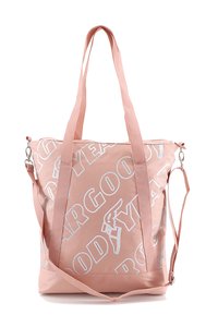 Pink tote bag with white text and logo, made of smooth fabric, featuring two long handles and a zip closure at the top.
