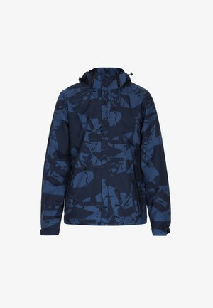 Navy blue jacket with geometric dark patterns, featuring a high collar, front zip closure, and elastic cuffs. Lightweight fabric.