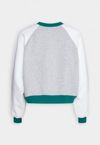 Vue arrière d'un sweat-shirt avec un corps gris clair, des manches blanches, et un col, des poignets et une ceinture de couleur bleu sarcelle.
