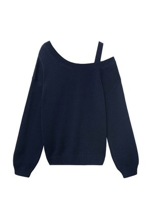 Navy blue off-shoulder sweater with long sleeves and a ribbed hem. One strap is visible, creating a stylish, relaxed look.