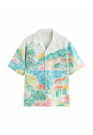 Košeľa s krátkym rukávom na gombíky s pastelovou potlačou tropickej krajiny, ktorá zobrazuje palmy, vodu, budovy a slnko.