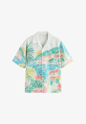 Short-sleeve button-up shirt with a pastel tropical landscape print featuring palm trees, water, buildings, and a sun.
