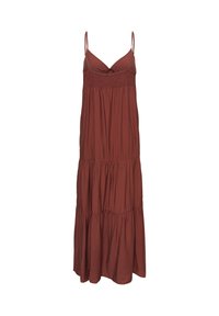 Robe maxi marron sans manches avec fines bretelles, bustier froncé et jupe fluide à volants.