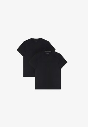 Dwie czarne bawełniane koszulki, krótki rękaw, klasyczny dekolt, gładka tekstura, standardowy krój, bez widocznych wzorów czy akcentów.