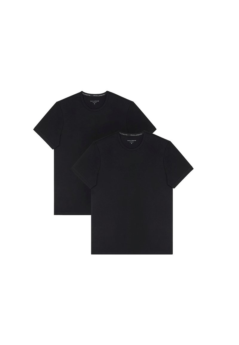 Dwie czarne bawełniane koszulki, krótki rękaw, klasyczny dekolt, gładka tekstura, standardowy krój, bez widocznych wzorów czy akcentów.