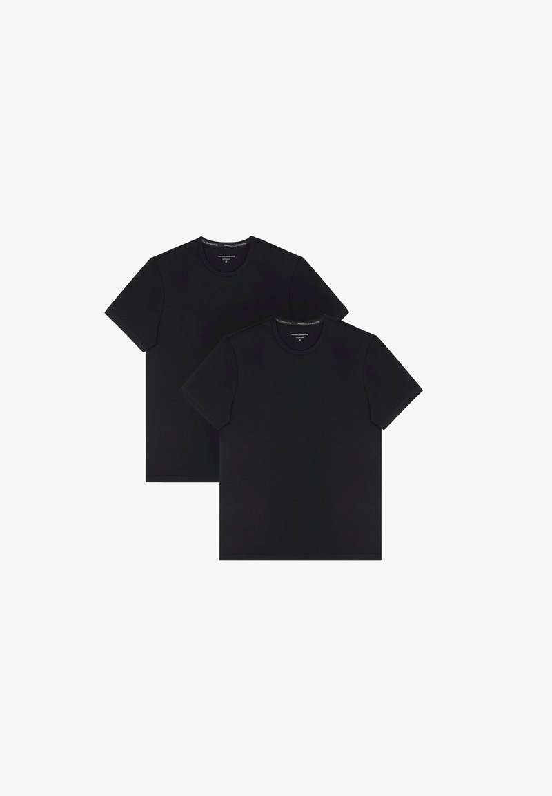 Dwie czarne bawełniane koszulki, krótki rękaw, klasyczny dekolt, gładka tekstura, standardowy krój, bez widocznych wzorów czy akcentów.