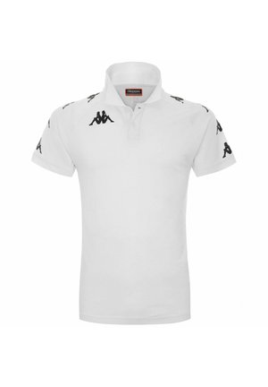 Polo bianca in cotone, con colletto classico, maniche corte e dettagli del logo Kappa neri sulle spalle.