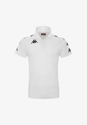 Polo bianca in cotone, con colletto classico, maniche corte e dettagli del logo Kappa neri sulle spalle.