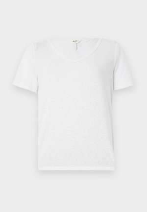 Bijela majica kratkih rukava s V-izrezom, izrađena od lagane teksturirane tkanine, s opuštenim krojem i bez vidljivih uzoraka ili dodataka.