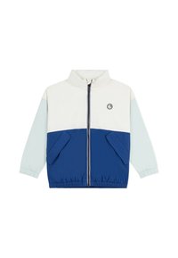 Giacca leggera con colletto alto, zip completa e design a bande di colore in crema, azzurro chiaro e blu navy, con due tasche frontali.