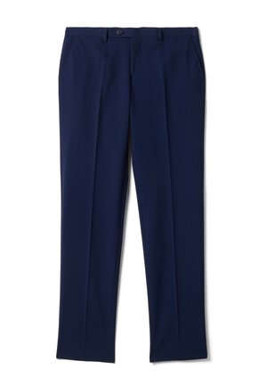 Pantalones clásicos de vestir azul marino con cierre de botón, trabillas para cinturón y bolsillos laterales, mostrados planos sobre un fondo blanco.