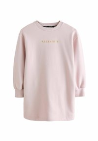 Vaaleanpunainen svetari, jossa on pitkät puff-hihat ja ribbireunus. Keskellä rintaan on kultaiset kirjaimet "ALLSAINT'S". Pehmeä ja sileä pinta.