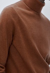 Primo piano di una persona che indossa un maglione a collo alto marrone, evidenziando la trama del tessuto e la vestibilità sulla parte superiore del corpo.