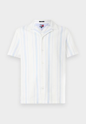 Short-sleeve white shirt with light blue vertical stripes, button front, and a classic collar. Textured fabric with a subtle pattern.