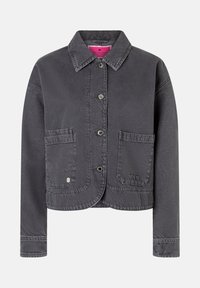 Graue Jeansjacke mit Kragen, vorderen Knöpfen, zwei aufgesetzten Taschen und einem kleinen Herzdetail auf der linken Tasche. Strukturierter Stoff.