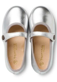 Silver leather Mary Jane shoes with a rounded toe, elastic strap, and a circular button detail; cushioned, beige insole and edging.