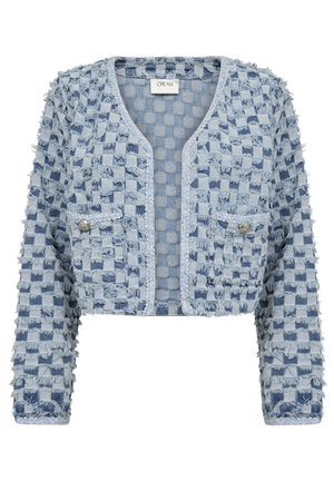 Modrá skrátená bunda s textúrovaným kockovaným vzorom, rozstrapkanými okrajmi a kovovými gombíkmi na predných vreckách. Navrhnutá z ľahkého denimu.