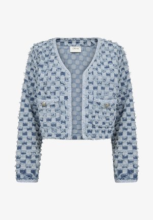 Blue cropped jacket with a textured checker pattern, frayed edges, and metal buttons on front pockets. Designed in a light denim material.