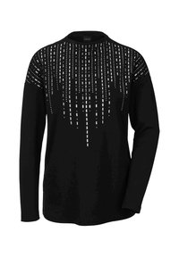 Zwarte langekolen shirt met een patroon van verticale witte lijnen en stippen op de voorkant, gemaakt van een zachte stof met een relaxte pasvorm.