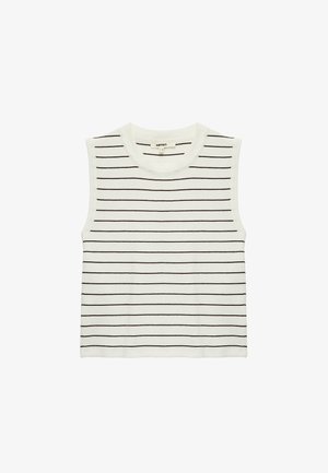 Top blanco sin mangas con rayas negras horizontales, escote redondo y material de algodón suave. Diseño simple sin adornos adicionales.