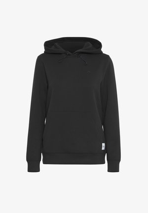 Black hoodie made of cotton blend fabric. Features a front pocket, adjustable drawstring hood, and small logo detail on chest.