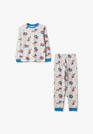 Tweedelig kinderslaapkamerset van zacht katoen. De lange mouw top en broek hebben een lichtgrijze achtergrond met kleurrijke cartoon-superhelden en accenten in blauw.