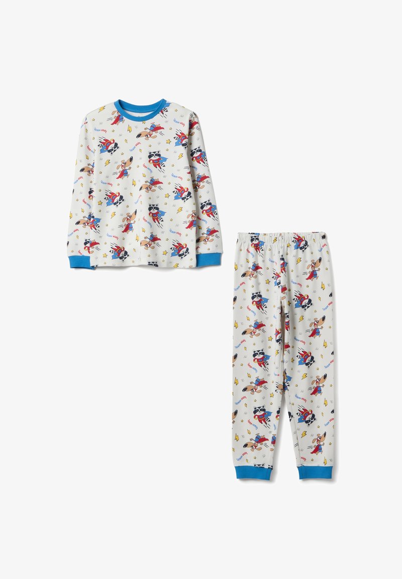 Conjunto de pijama infantil de dos piezas hecho de algodón suave. La camiseta de manga larga y los pantalones tienen un fondo gris claro con coloridos superhéroes de dibujos animados y detalles en azul.